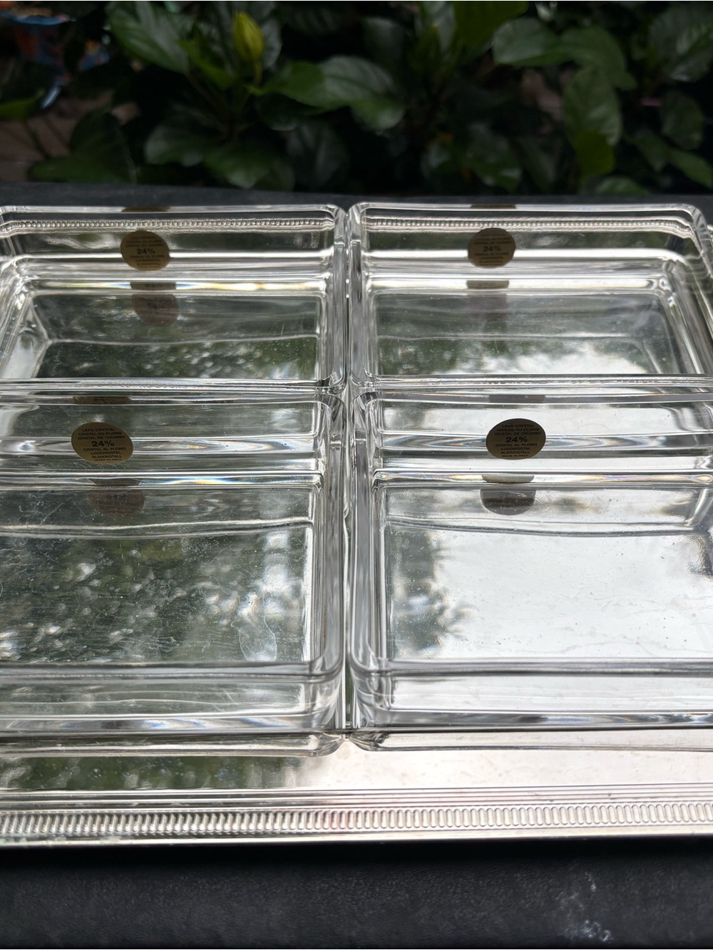 Maestri by Gorham Silver Plate Serving Tray and Clear Divided Glass Saucers Mint